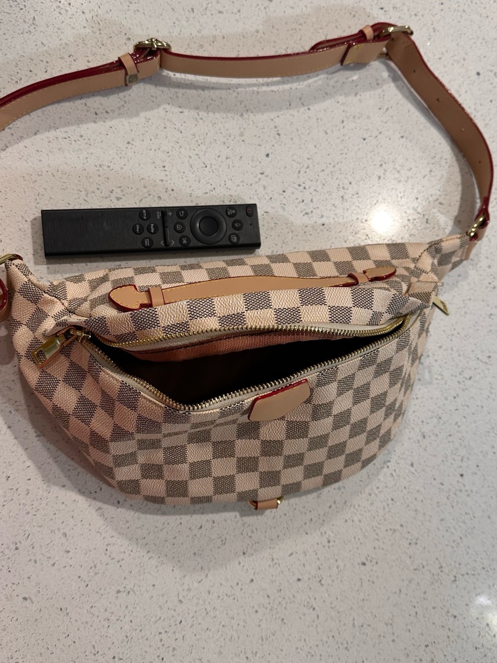 Designer-Inspired Checkered Waist Bag in Beige and Brown